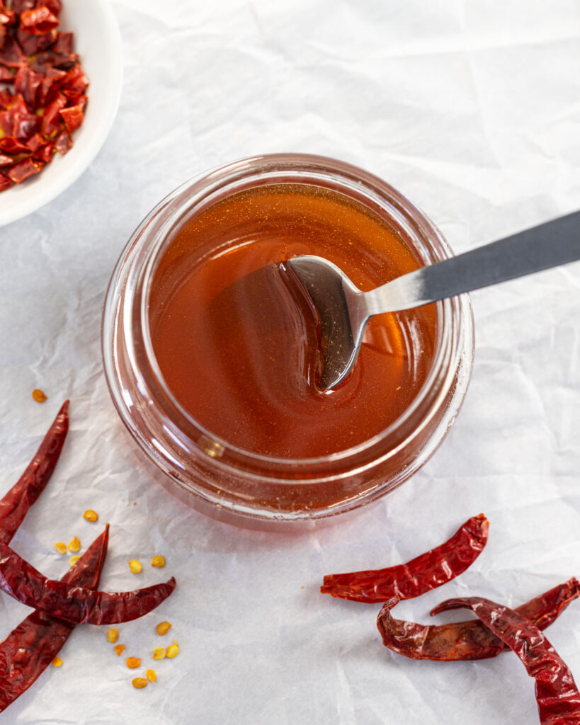 Keep the chile de arbol infused honey in a glass container for storing.